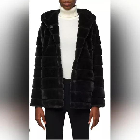 LAUNDRY BY SHELLI SEGAL FAUX FUR BLACK COAT With HOOD SIZE XS - Picture 2 of 8